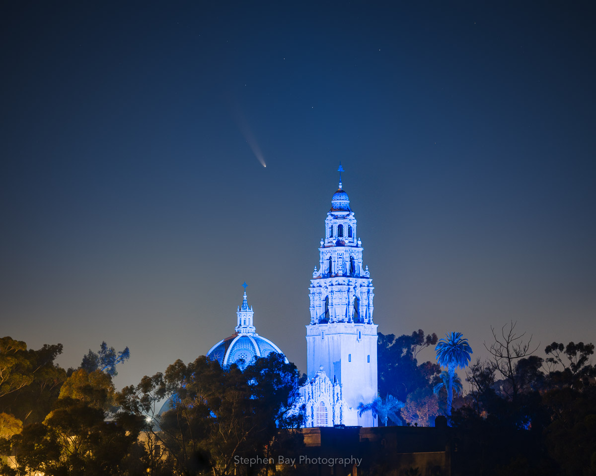 Comet C/2020 F3 Neowise above the California Tower, Balboa Park