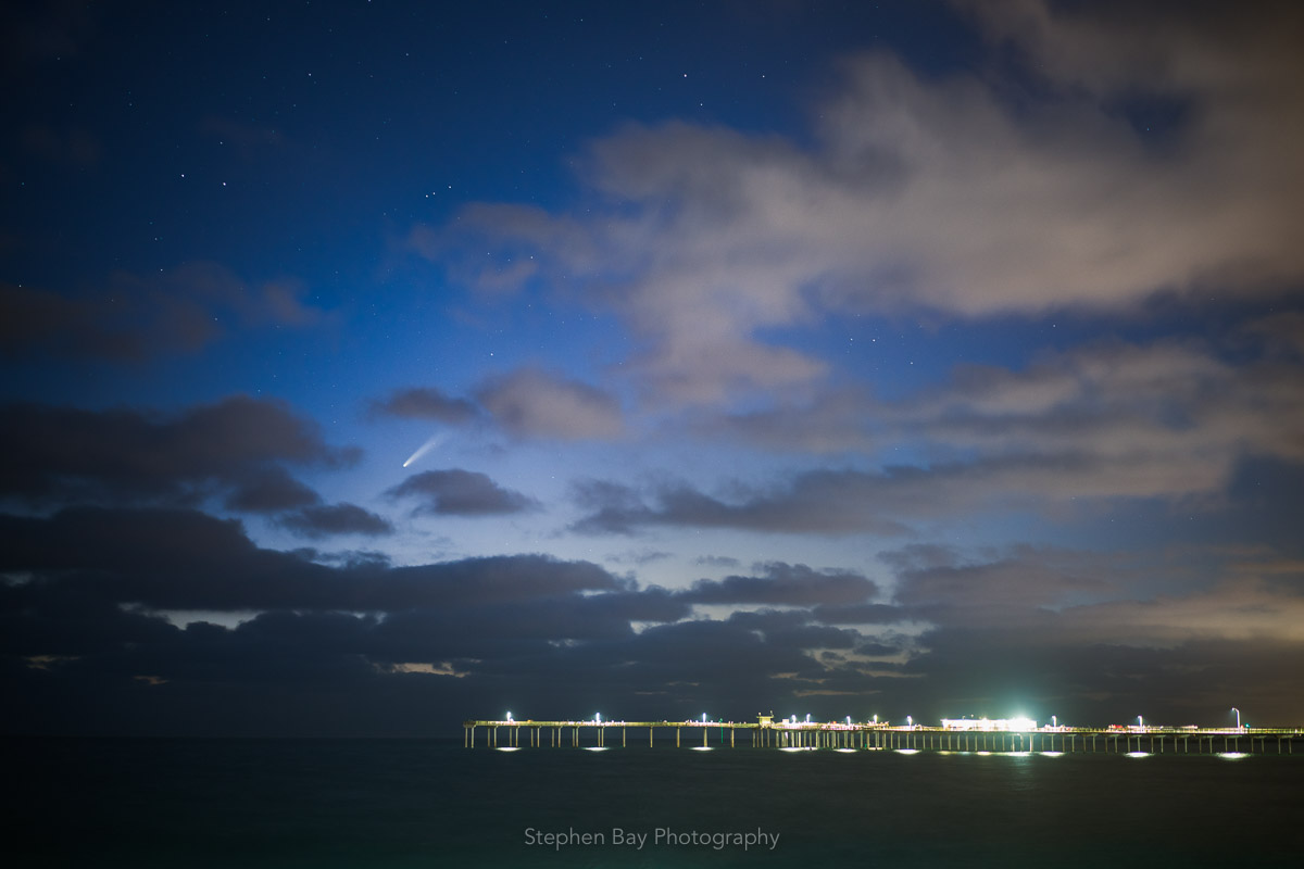 Comet C/2020 F3 Neowise above the Ocean Beach Pier
