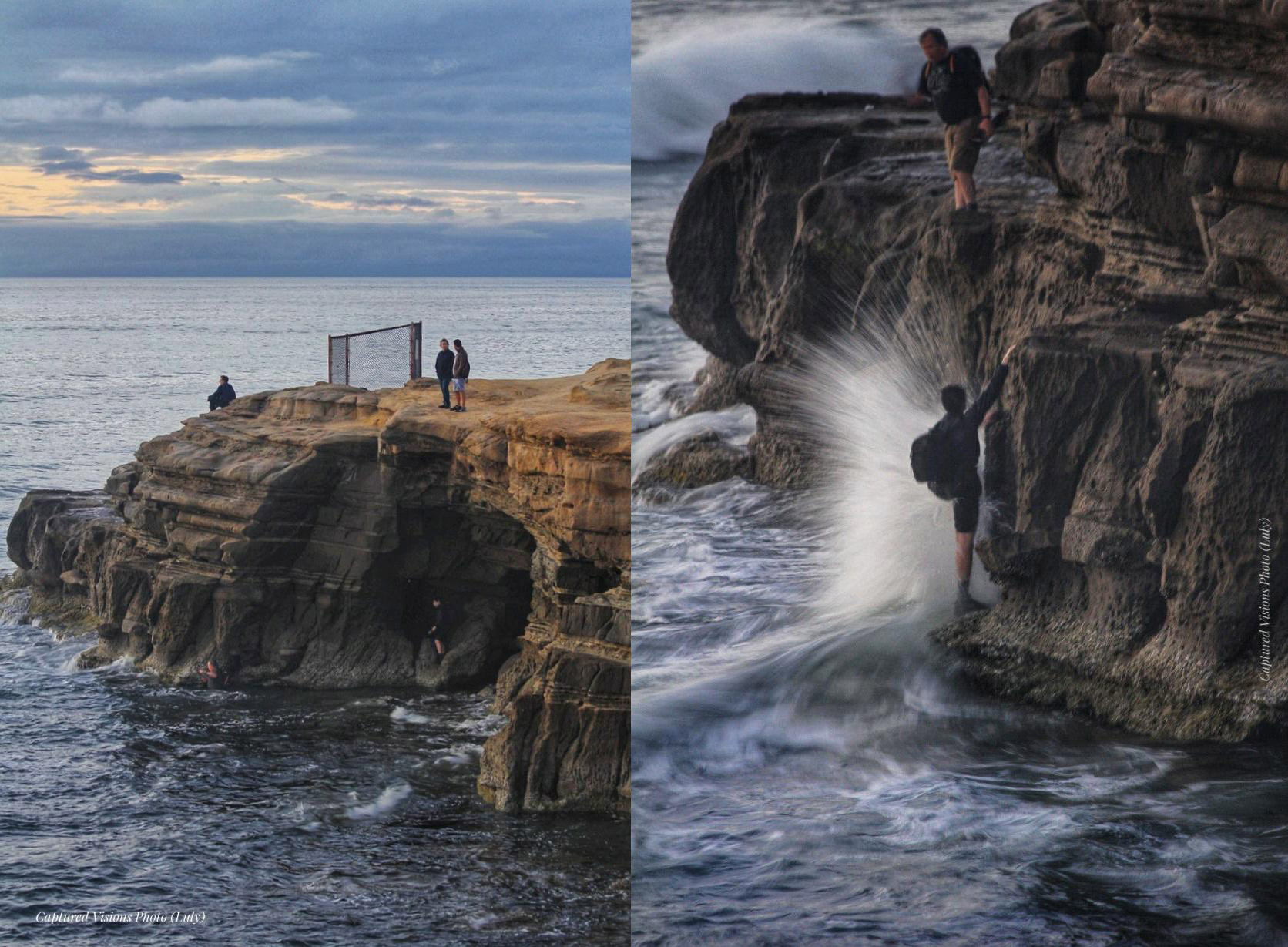 Two photographers caught by an incoming tide after exploring a sea cave