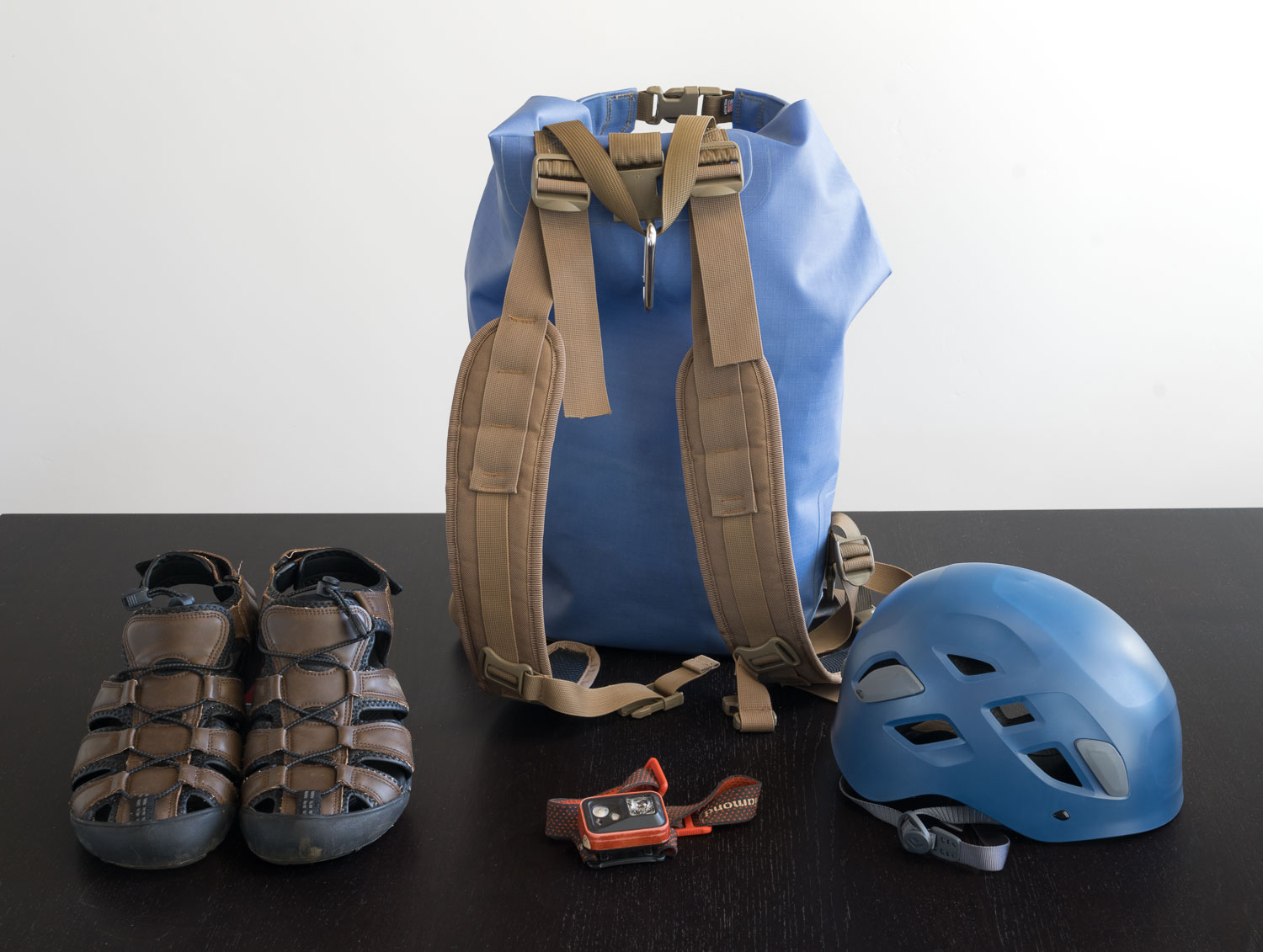 Climbing helmet, waterproof dry bag, closed toed sandals, headlamp