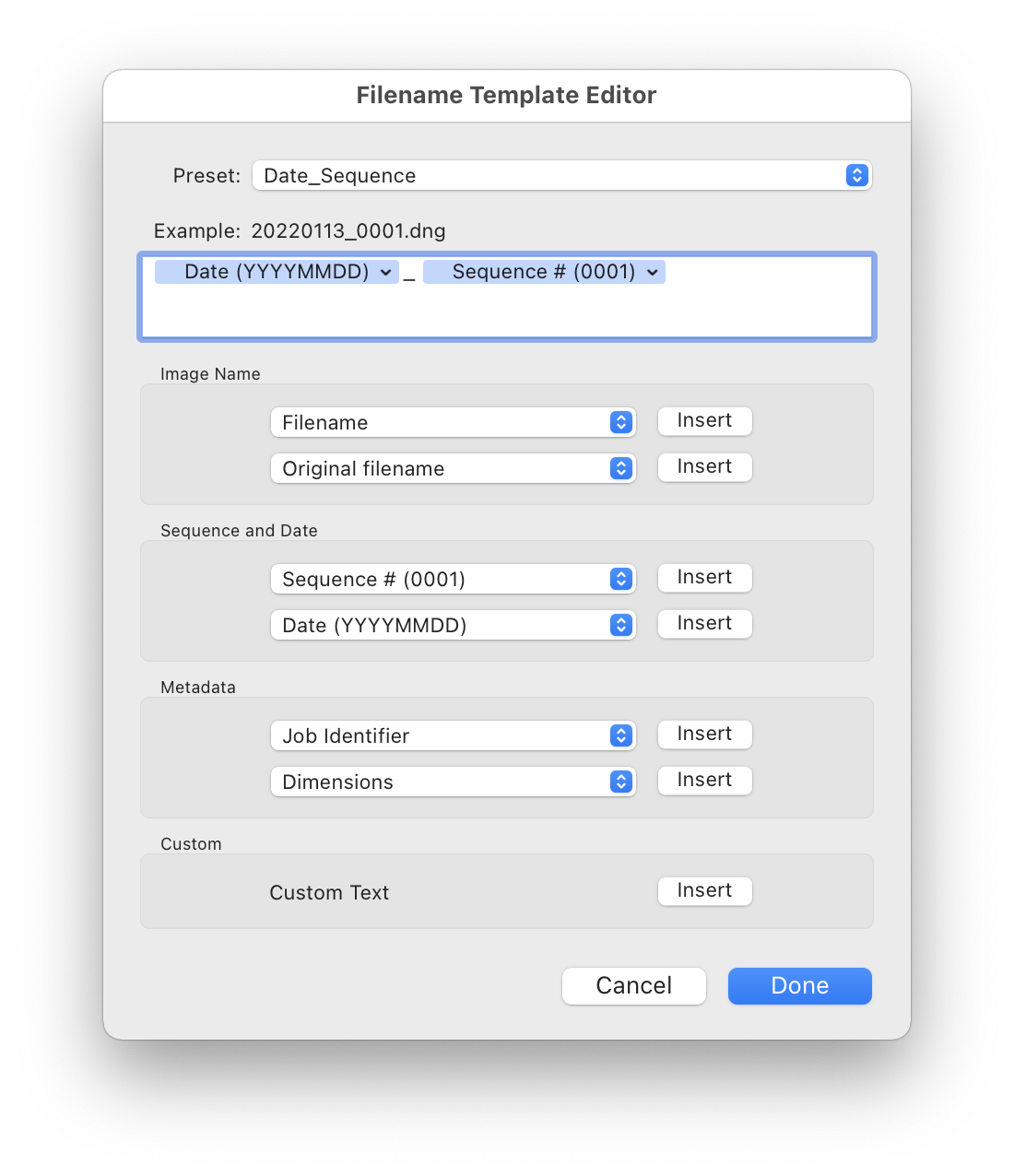 Filename template editor
