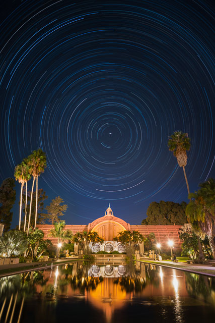 Star trails make concentric circles in the sky over the Botanical Building in Balboa Park.
