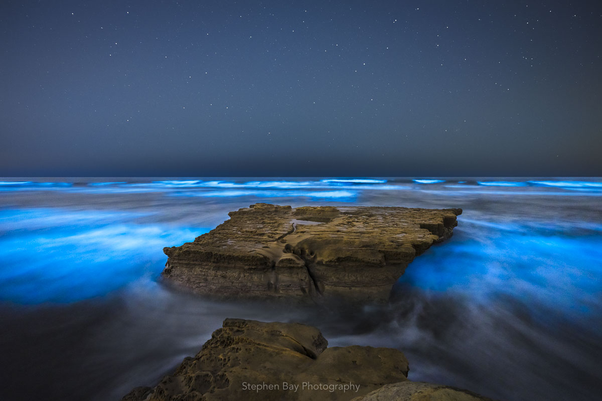 Glowing waves caused by bioluminescent algae break against Flat rock in Torrey Pines State Beach