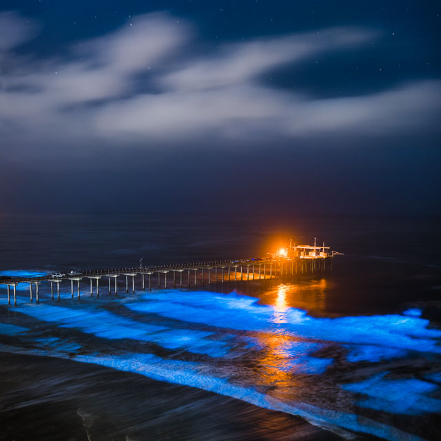 Scripps pier with glowing blue waves from bioluminescent algae washing on to shore. The photo is at night with white clouds and stars in the sky.