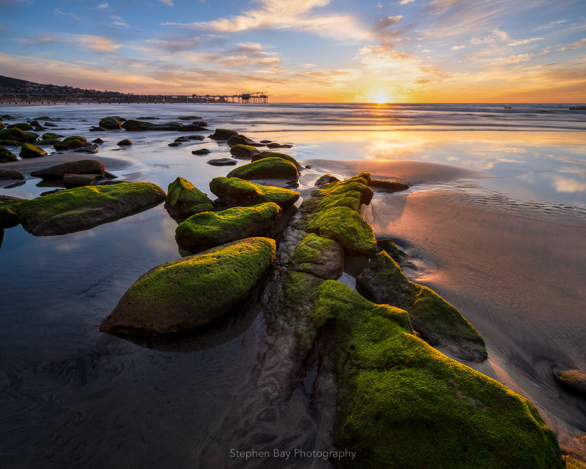 This is an image of the La Jolla coastline just north of Scripps Pier. In the foreground are green algae covered rocks which lead off into the distance. The sun is above the horizon and about to set.